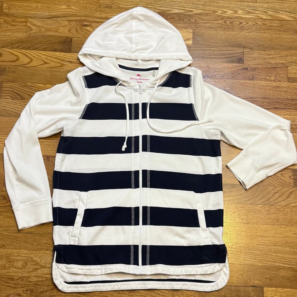 Tommy Bahama Womens Medium Cotton Blue White Striped Zip Hood Sweater Nautical